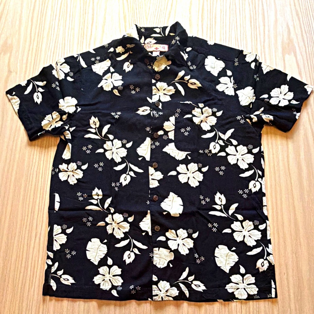 Caribbean Joe Mens S Black White Floral Hawaiian Rayon Short Sleeve Button-Up